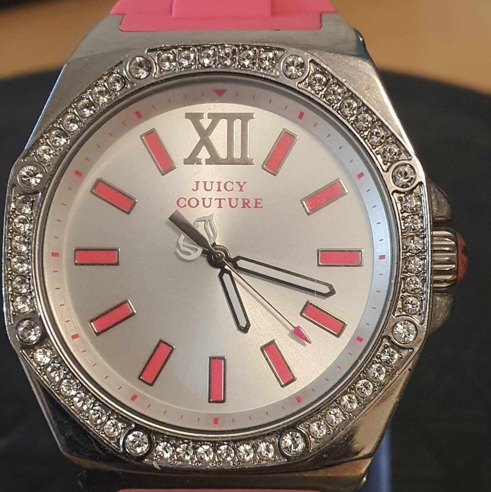 Juicy Couture #JC.80.3.14.0475S Silver/Pink Rhinestone Silicone Women's Watch - Picture 1 of 5
